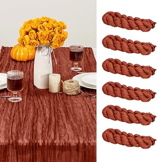 FUANGUI 6 Pack 35x120 Inches Fall Cheesecloth Table Runner 10Ft, Boho Gauze Fabric Rustic Sheer Romantic Terracotta Cheese Cloth Table Runner for Bridal Baby Shower Wedding Birthday Fall Decoration