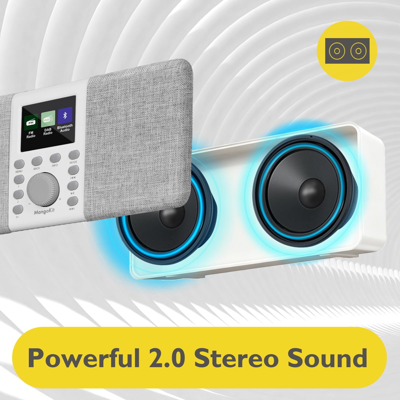 MD5 DAB stereo con altoparlante Bluetooth,digitale DAB+,radio FM da alimentata a rete a batteria,display a colori,40stazioni preimpostate,sveglia e orologio,Snooze,porta cuffie-grigio pietra