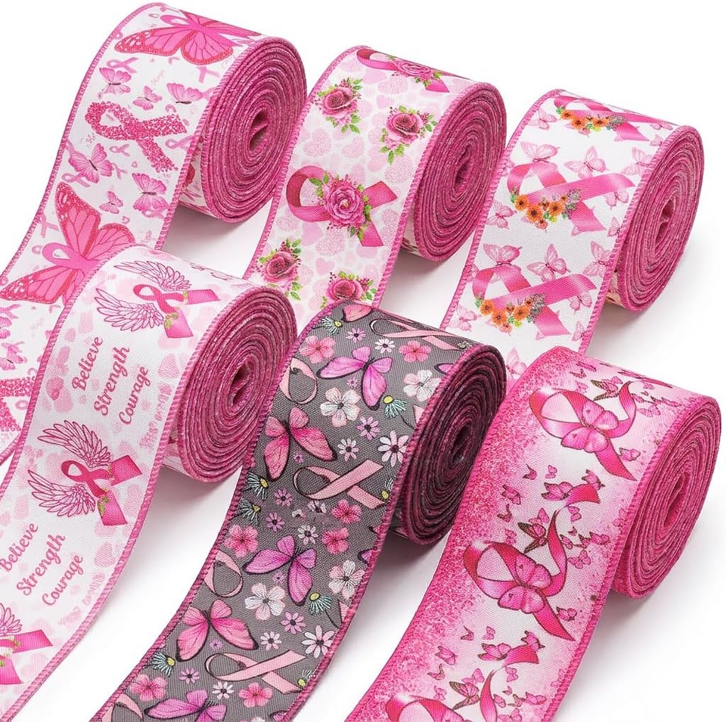 6 Rolls Breast Cancer Awareness Ribbons, 24 Yards 2.5 in Pink Bow Wired Edge Ribbons for Gift Wrapping Breast Cancer Awareness Party Decoration DIY Crafts