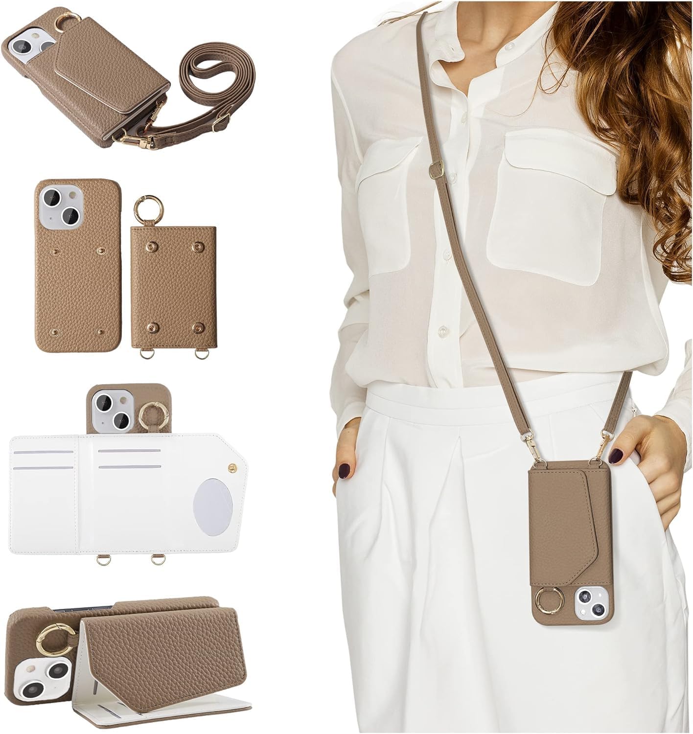 HANDODO Crossbody Phone Case for iPhone 15 Pro, Vegan Leather Detachable Wallet Case with RFID Blocking Card Holder Adjustable Strap Shockproof Kickstand, Black