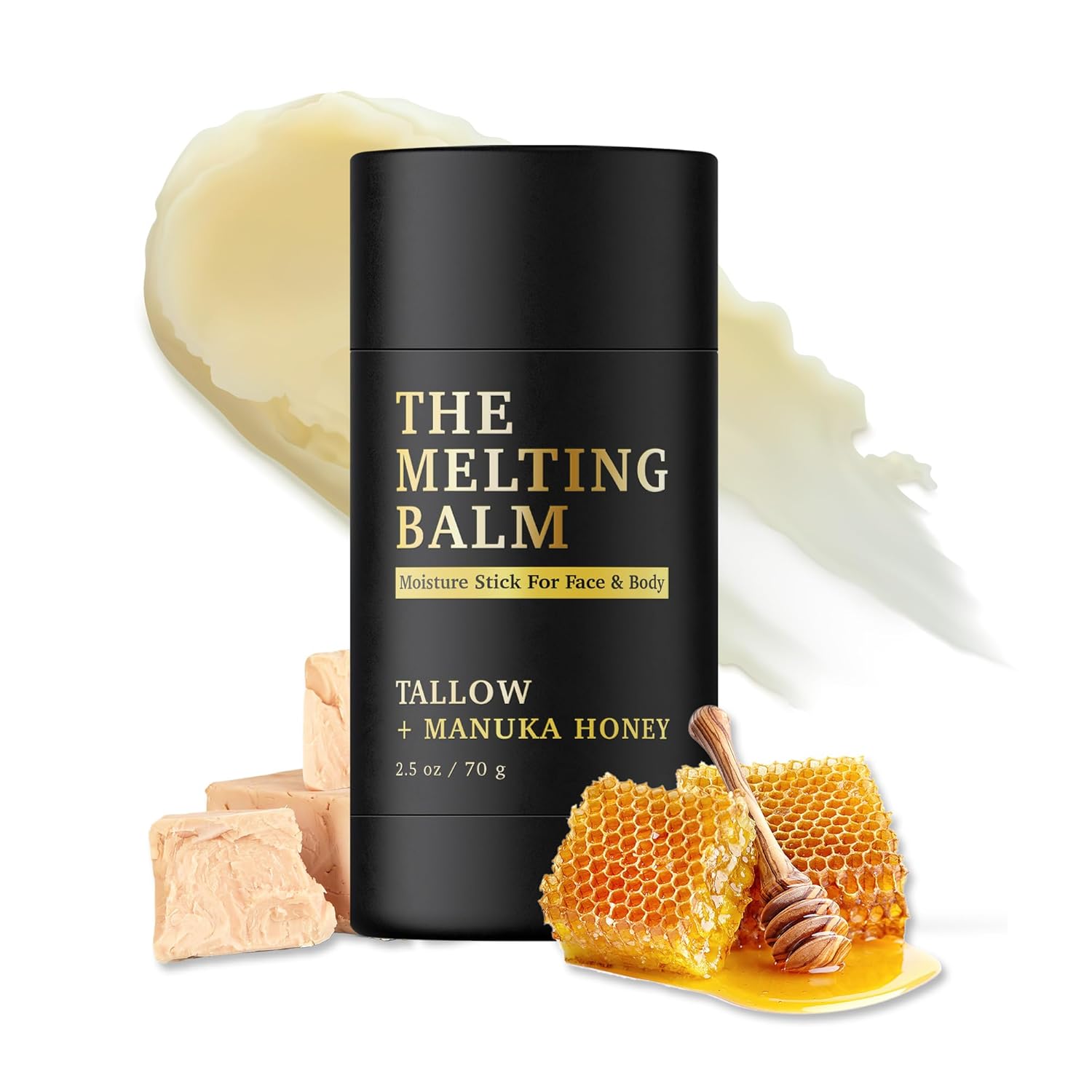 The Melting Balm - Tallow + Manuka Honey Moisture Stick for Face & Body | 100% Grass Fed Tallow Balm | Clean Solid Moisturizer for Dry Sensitive Skin | Instant Relief & Continuous Recovery | 2.5 oz