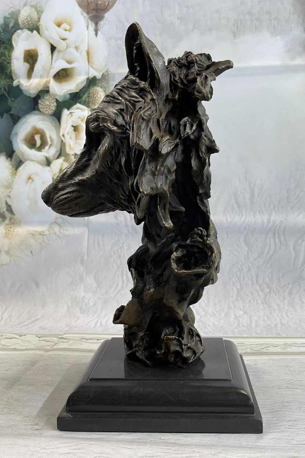 EUROPEAN BRONZE Art Deco Marble Base Bronze Sculpture Statue Wolf Bust Wild Life Garden Figurine Home Decor Artwork Handmade