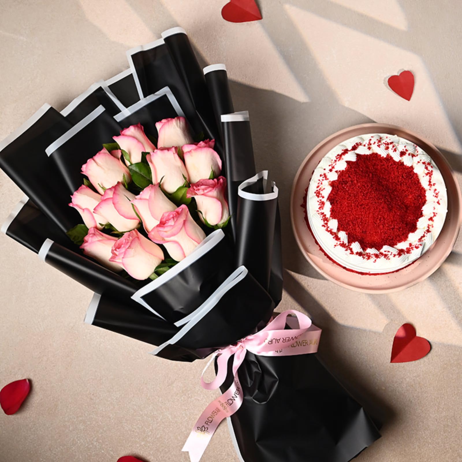 FlowerAura Premium Combo of Fresh Live 12 Pink Roses Flower Bouquet With Delicious 500g Red Velvet Cake For Birthday | Anniversary | Valentine's Day | New Year | Christmas (Same Day Delivery)-picture-31