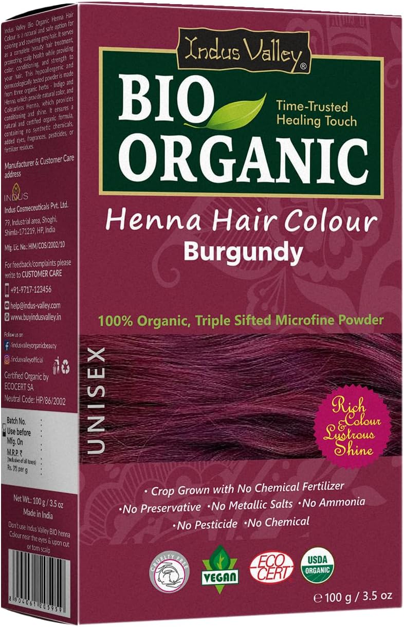 INDUS VALLEY Bio Organic Natural Henna Hair Color Burgundy 100gm| 100% Gray Hair Coverage And Long Lasting Hair Dye | Vegan and Cruelty-Free