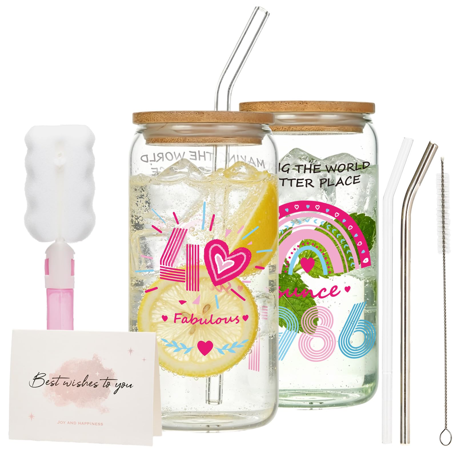 Chovbe 40th Birthday Gifts for Women, 1986 Fabulous Glass Cups with Lids and Straws, Iced Coffee Glass, Thoughtful Presents for Women Best Friend Sister Gift