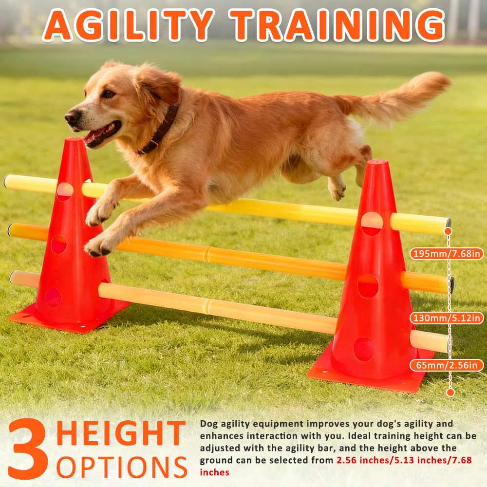 Haies d'Entraînement, Agility pour Chien, Saut Obstacle pour Chien, 8 Cônes(32cm) + 4 Barres(80cm), Ensemble de Haies pour l'Entraînement de Coordination