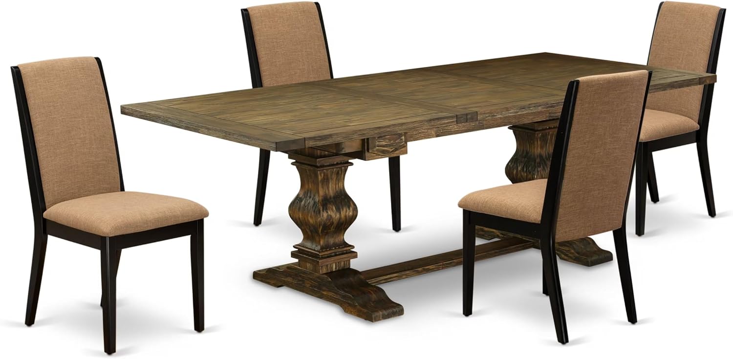 East West Furniture LALA5-71-47 5 Piece Dining Room Set Includes a Rectangle Wooden Table with Removable Leaf and 4 Light Sable Linen Fabric Parsons Dining Chairs, 42x92 Inch, Jacobean