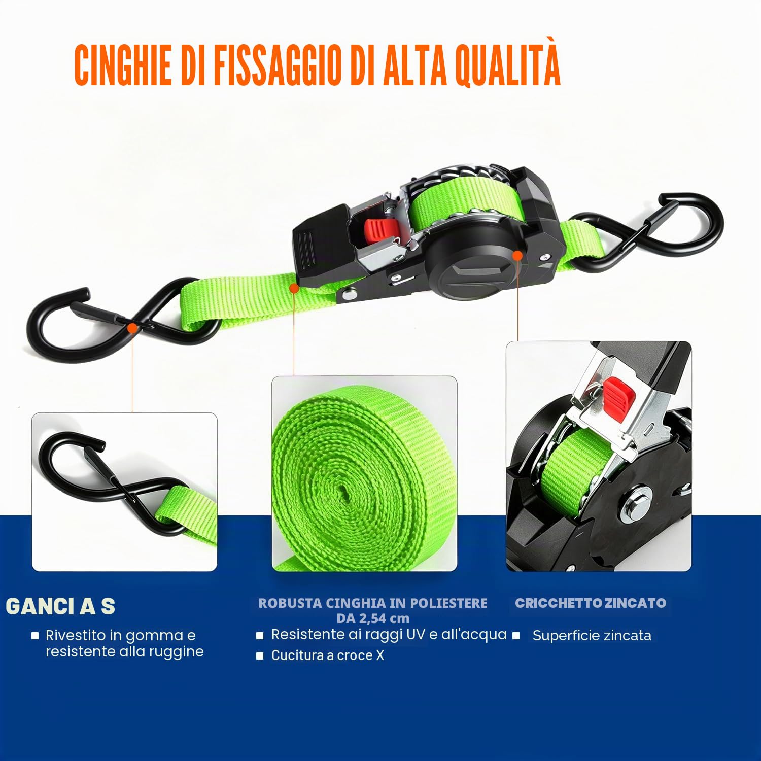 Cinghie a Cricchetto Autoavvolgenti 3m x 25mm | Set di 4 Pezzi con ganci a S, 750kg carico di rottura | Cinghie di fissaggion per moto, rimorchio, camion - Verde