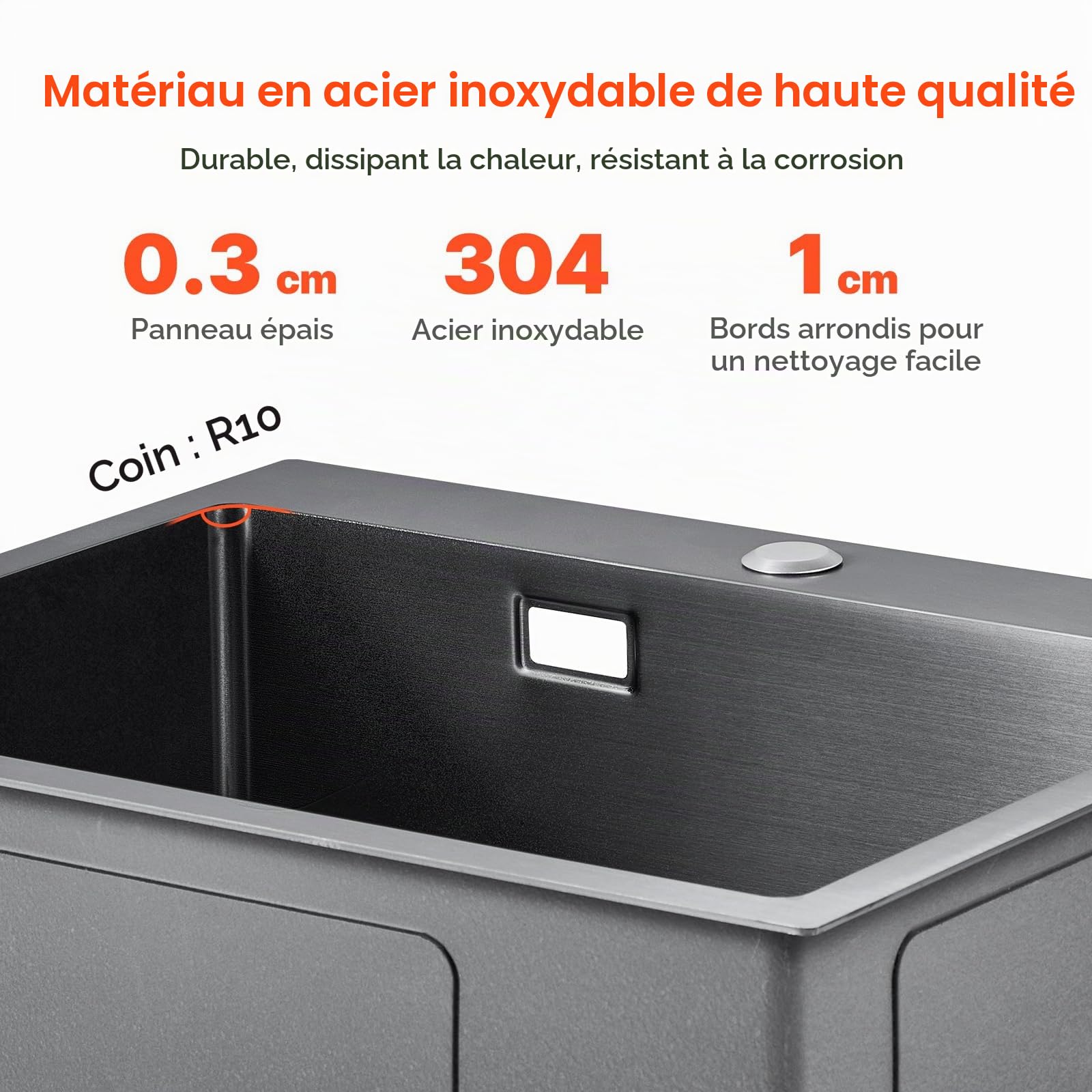 VEVOR Évier de Cuisine 40 cm à Montage par le Haut en Acier Inox 304, Cuve Simple à Poser avec Accessoires pour Camping-car, Bar, Lave-vaisselle Ménager - Noir