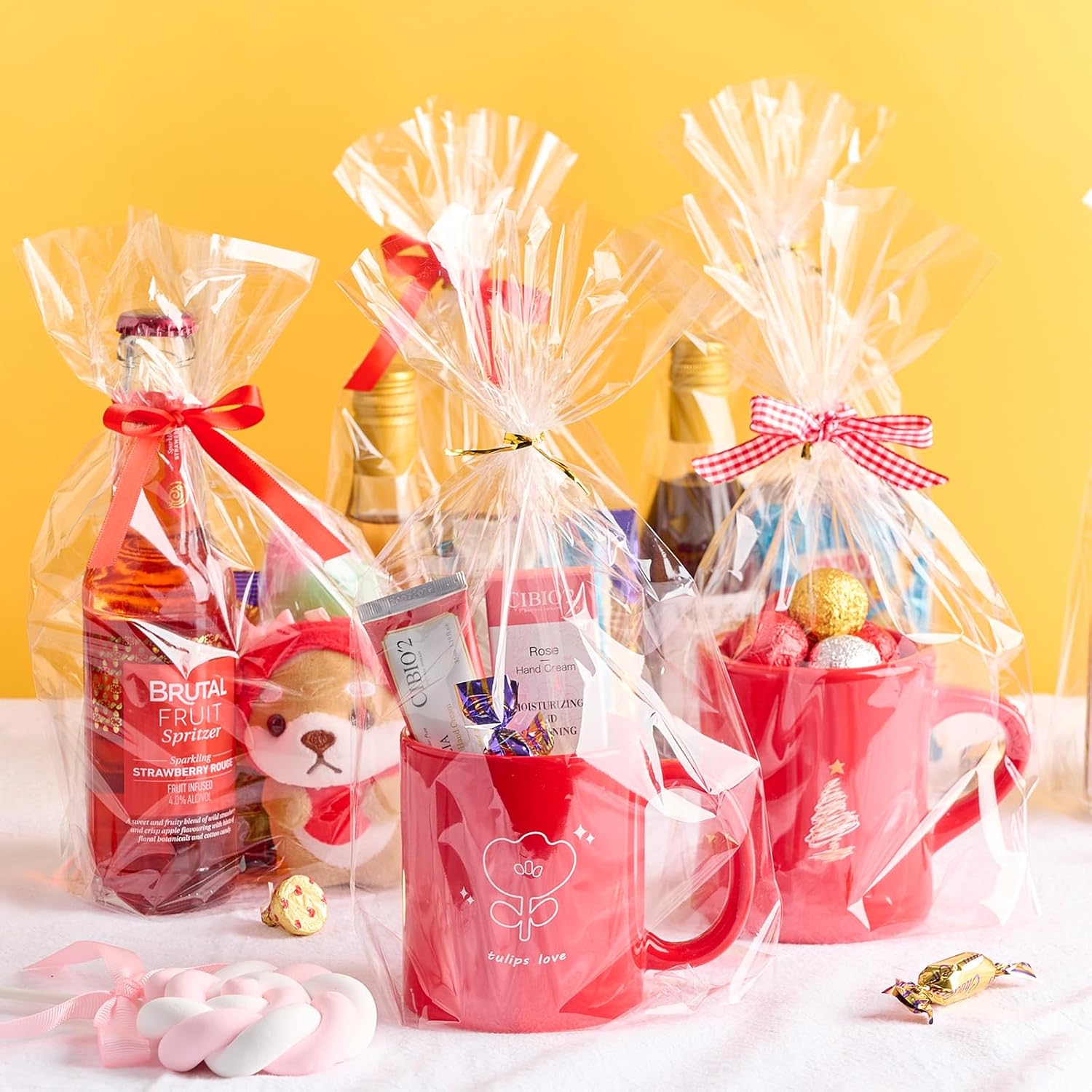 Ohuimrt 100 Pack 7 x 12 x 3 Inch Bottom Gusset Cellophane Bags, Clear Treat Bags Plastic Goodie Gift Packaging with Ties for Candies, Party Favors, Snacks, Cookies, Popcorn - Image 6