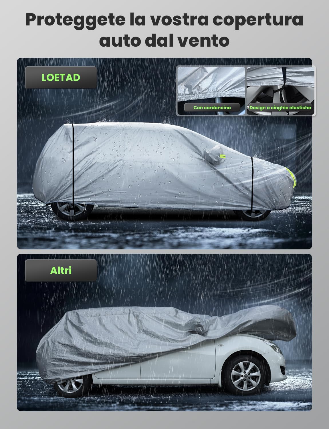 LOETAD Telo Copriauto, Felpato Impermeabile Antipolvere Anti UV Anti Vento 435 x 180 x 160cm Telo per Auto a 2 Volumi Universale Interno in Cotone - Argento