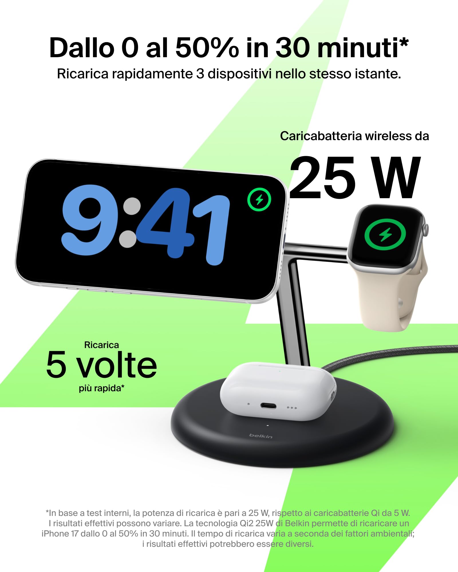 Belkin UltraCharge Caricatore Wireless Qi2.2 25W 3 in 1 - Nero | Caricatore Wireless Magnetico MagSafe, Certificato Qi2.2 per iPhone, Apple Watch, Auricolari, Cavo USB-C e Alimentatore 45W