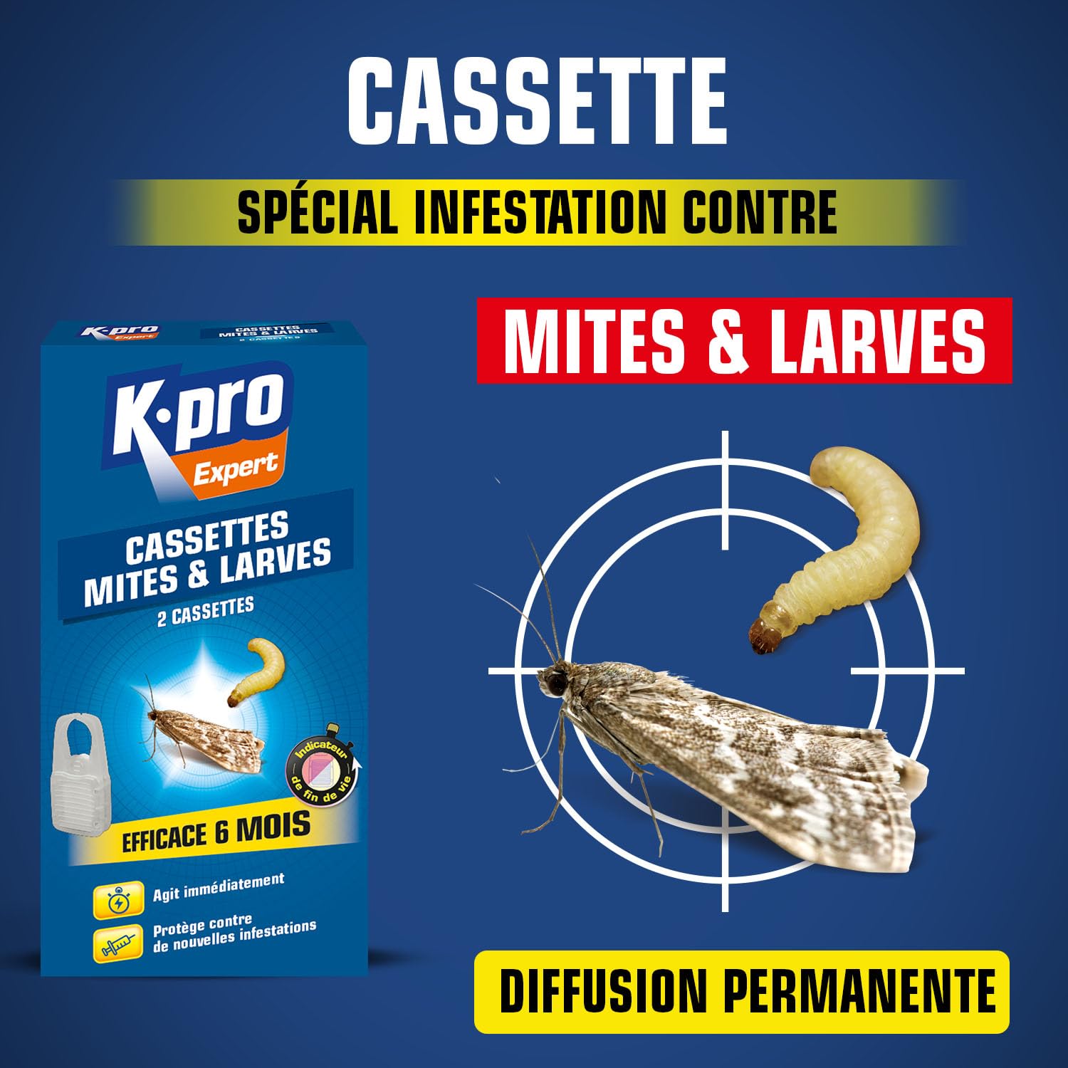 K.Pro Expert - 2 Cassettes Anti-Mites & Larves-Témoin de Durée de Vie -Anti-Mites Vestimentaires-Action Immédiate-Efficace 6 Mois -Protège Contre de Nouvelles Infestations -Technique Professionnelle-