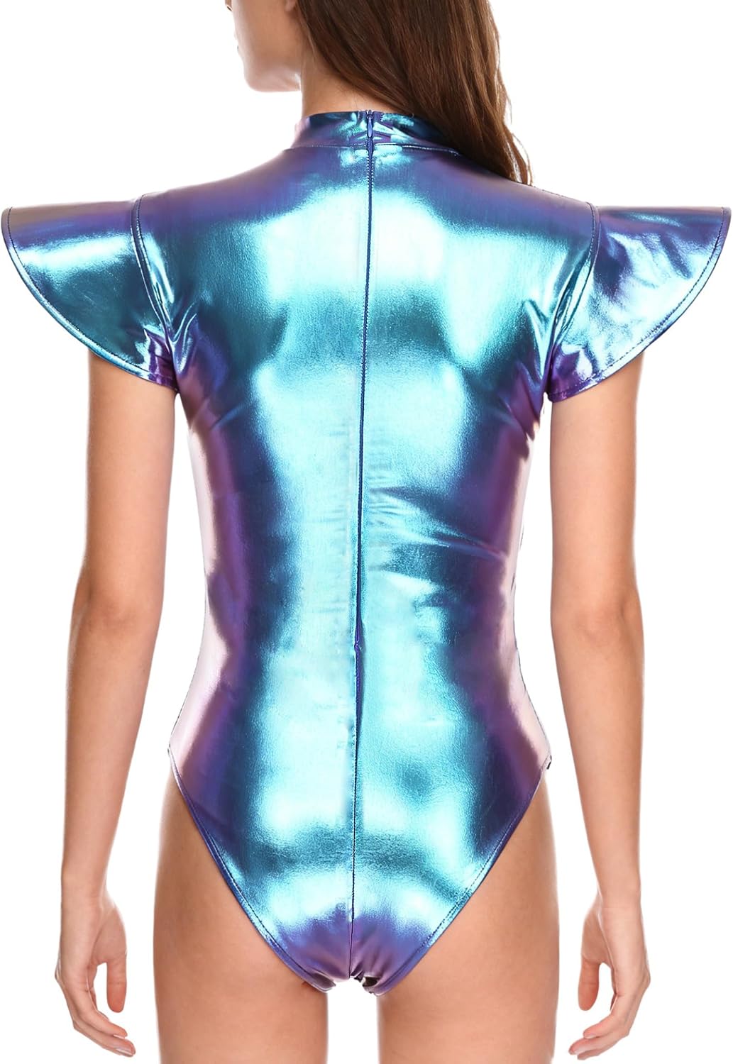 Sywiyi Women Outer Space Cutie Costume Fly Cap Sleeve Dancewear Shiny Metallic Unitard Body Suit Blue Large