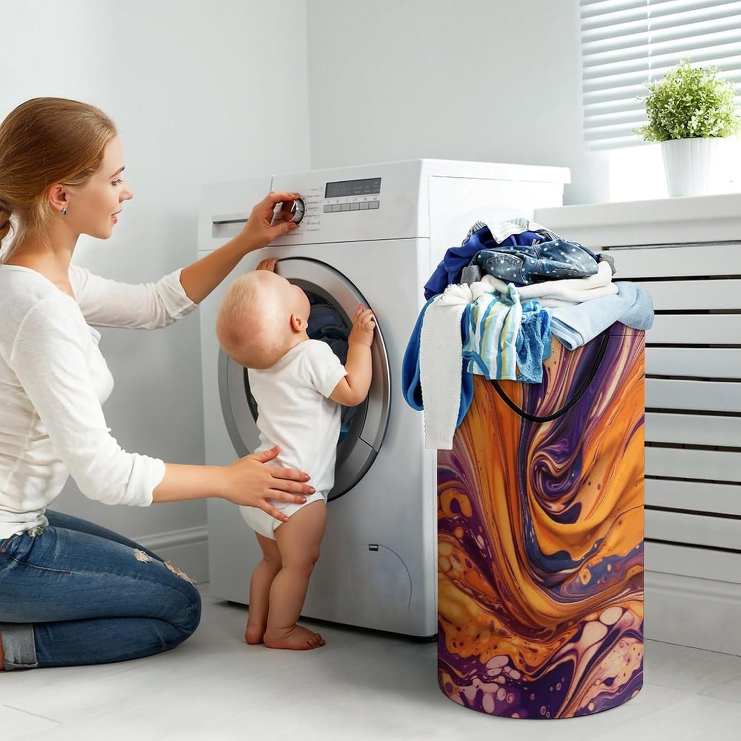 Purple Tie-dye FabricLaundry Hamper - Large Dirty Clothes Bag.Storage Basket for Easy Carry Handles. Large Clothes Basket with Handles, Clothing Storage Bucket Toy Organizer for Bathroom Bedroom Dorm