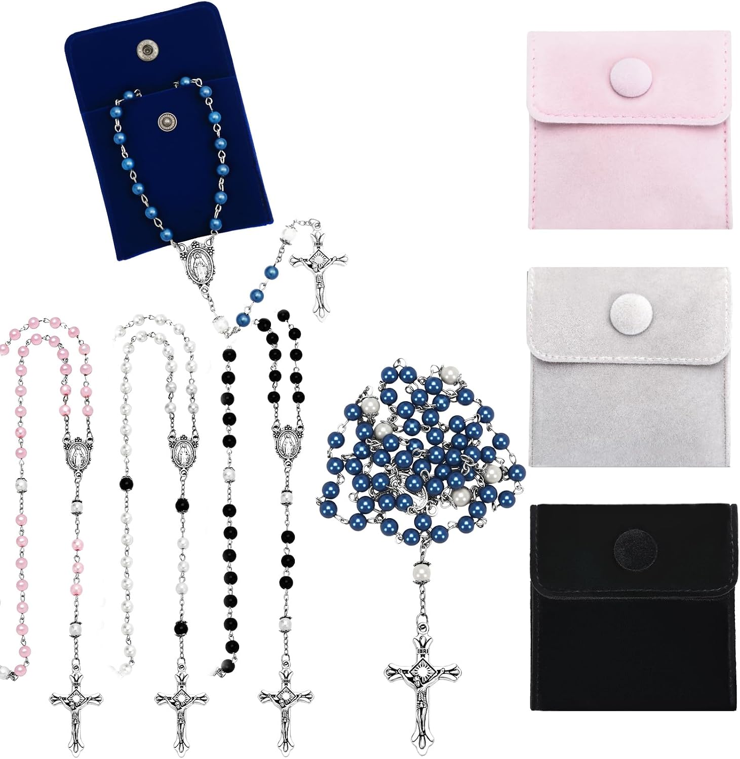 8 Pcs Rosary Necklace Women Rosary Beads Catholic with Velvet Pouch Portable Religious Bag First Communion Baptism Party Favors Religious Gifts