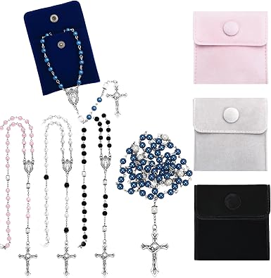8 Pcs Rosary Necklace Women Rosary Beads Catholic with Velvet Pouch Portable Religious Bag First Communion Baptism Party Favors Religious Gifts
