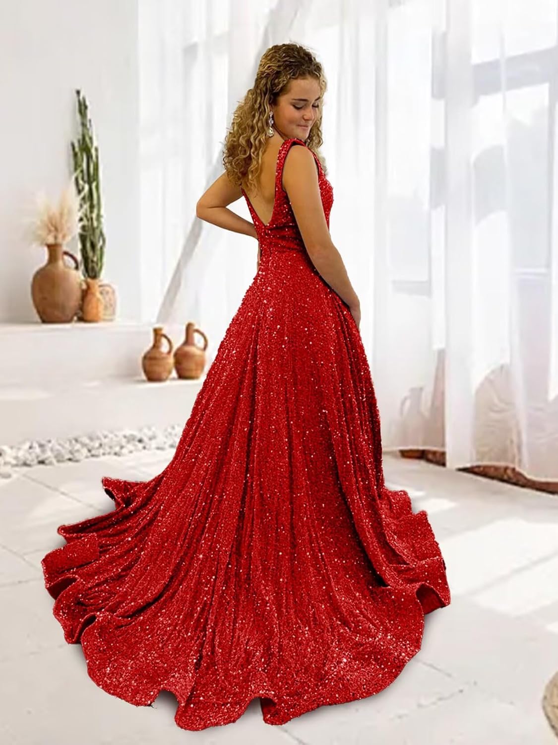 Sparkly Sequin Prom Dresses for Women with Slit Long Spaghetti Straps Ruched Formal Evening Ball Gowns