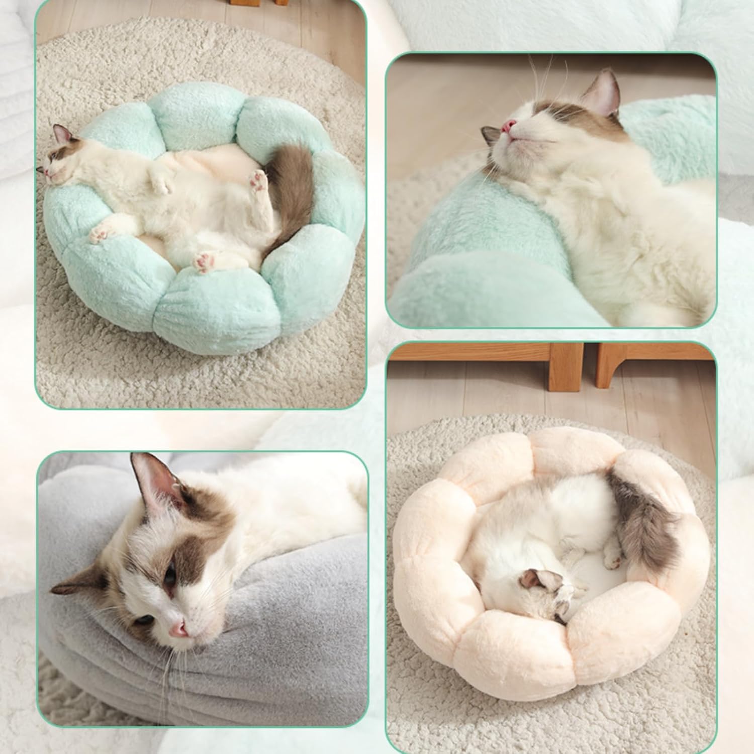 Cute Flower Plush Cat Bed Round Fluffy Kawaii Pet Mat Warm Cozy Cuddler Joint-Relief Washable (Medium 16 x 16 inch, Grey)