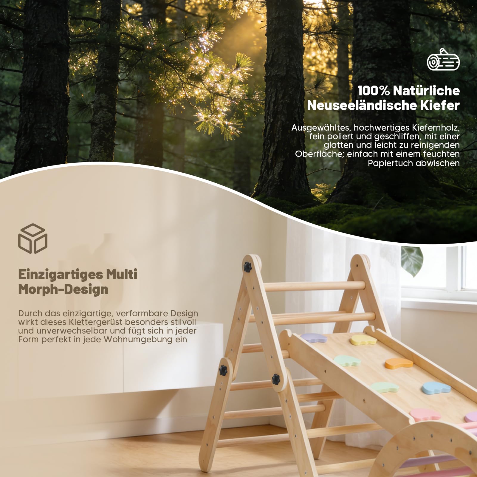 Montessori Indoor Spielset, 8-in-1 Verformbares Kletterdreieck ab 1 Jahr, Multifunktional klettergerüst Indoor mit Kletterbogen mit Kissen, Rutsche, Reißbrett, Spielplatz aus Natur Holz