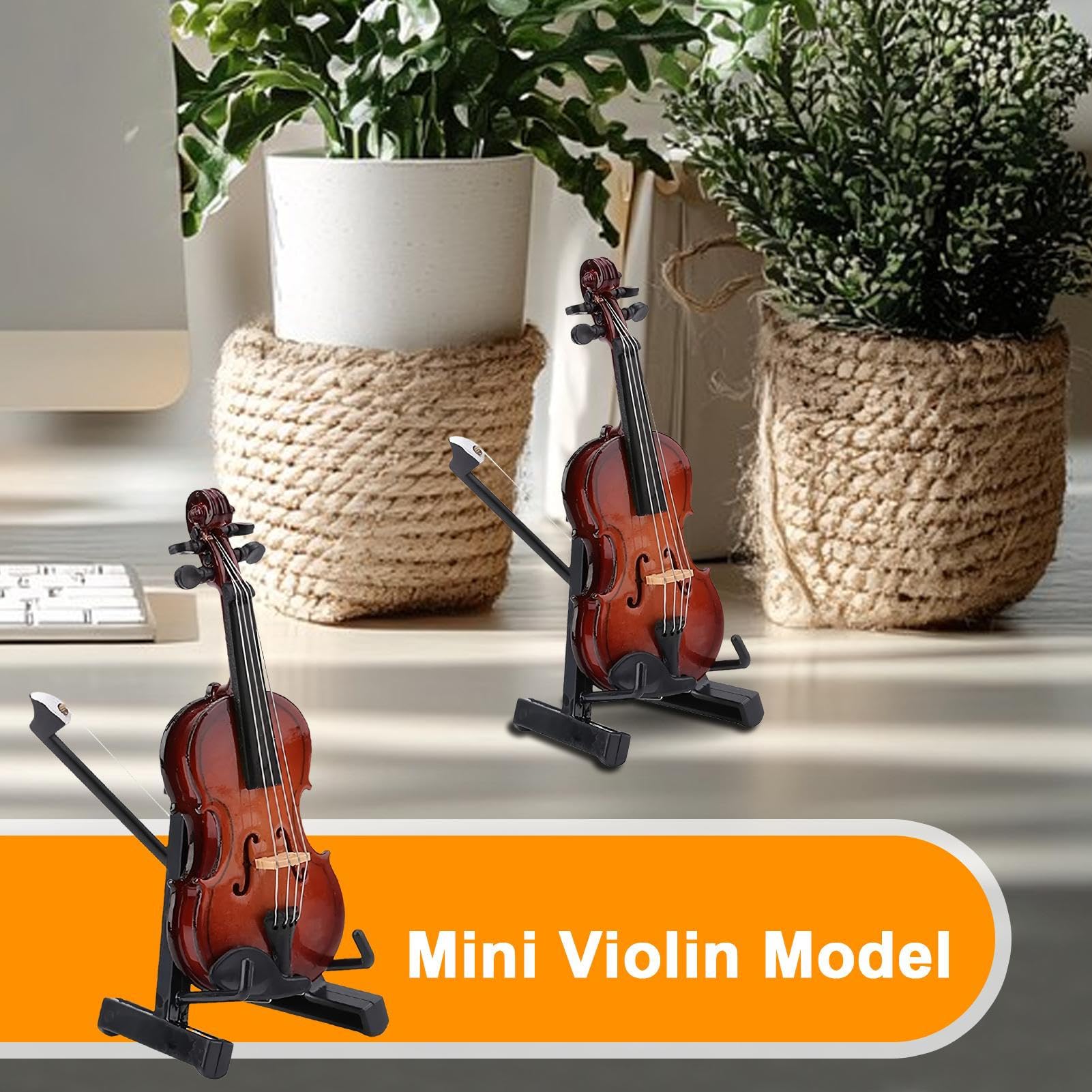 Generisch Violino in miniatura in legno con supporto, mini strumento musicale con supporto, modello da collezione, decorazione per casa delle bambole, soggiorno, camera da