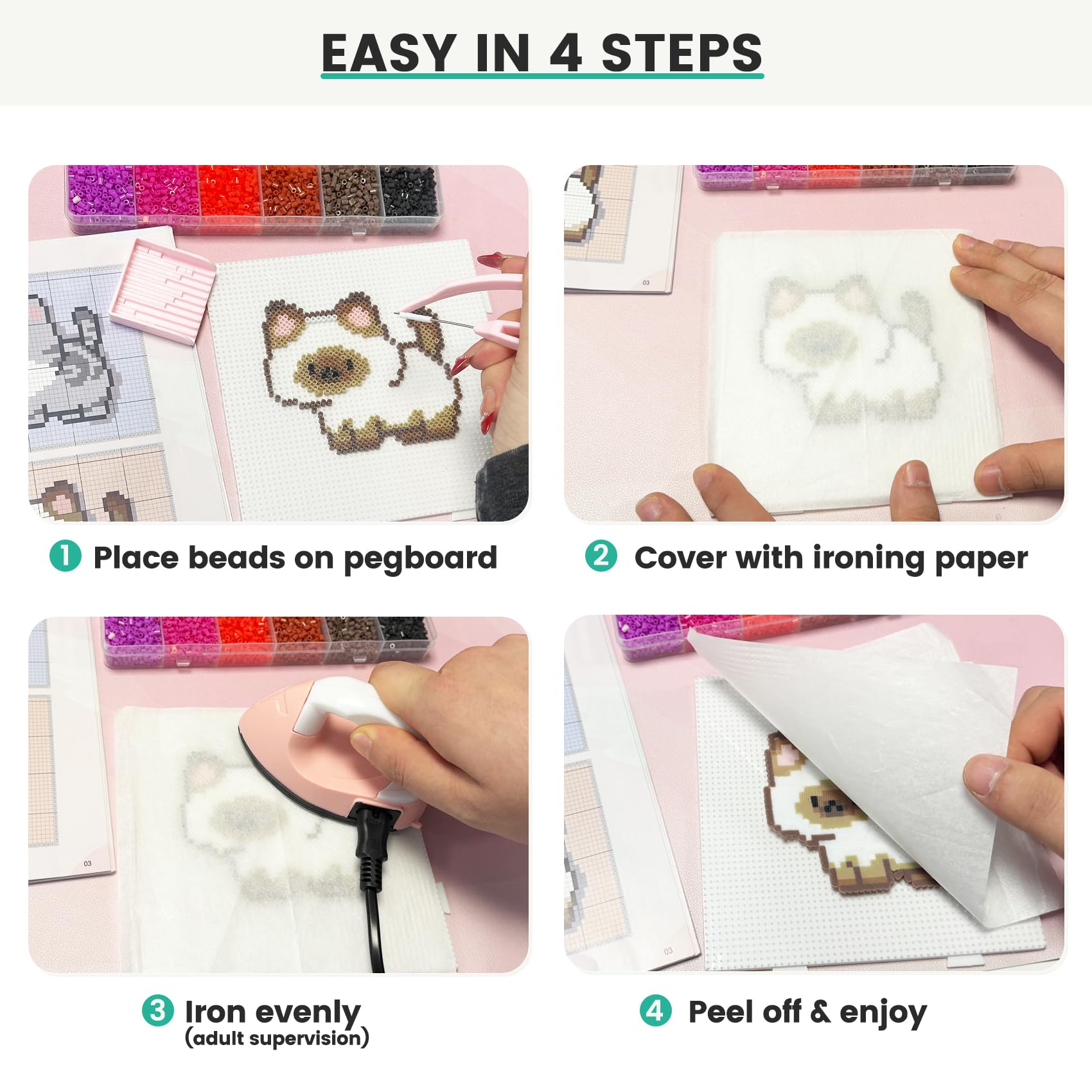 TXGSDXS Kit de Cuentas para Planchar 62000 Piezas 2,6 mm, 120 Colores – Cuentas Fusibles con Tableros, Patrones, Papel de Planchar, Pinzas y Accesorios, Manualidades DIY y Arte Creativo
