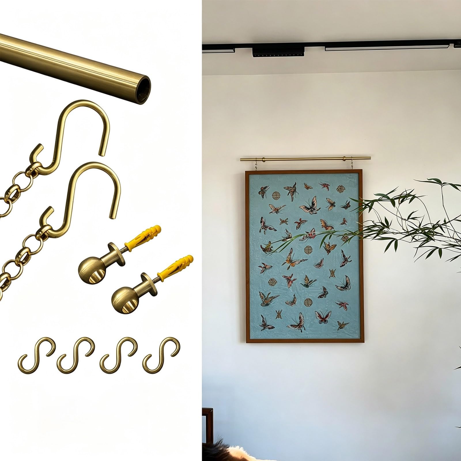 Brass Picture Rail Hanging System, Metal Photo Display Shelf Adjustable, Wall Art Track for Home Decor, Gallery & Museum Displays(27.6in)