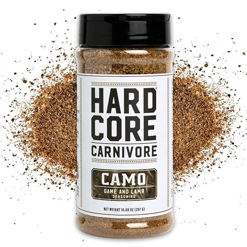 Hardcore Carnivore Camo - Condimento de caza salvaje y cordero (agitador de 10.5 onzas) Bold Texas-Made Spice Blend para venado, alce, pato, cordero