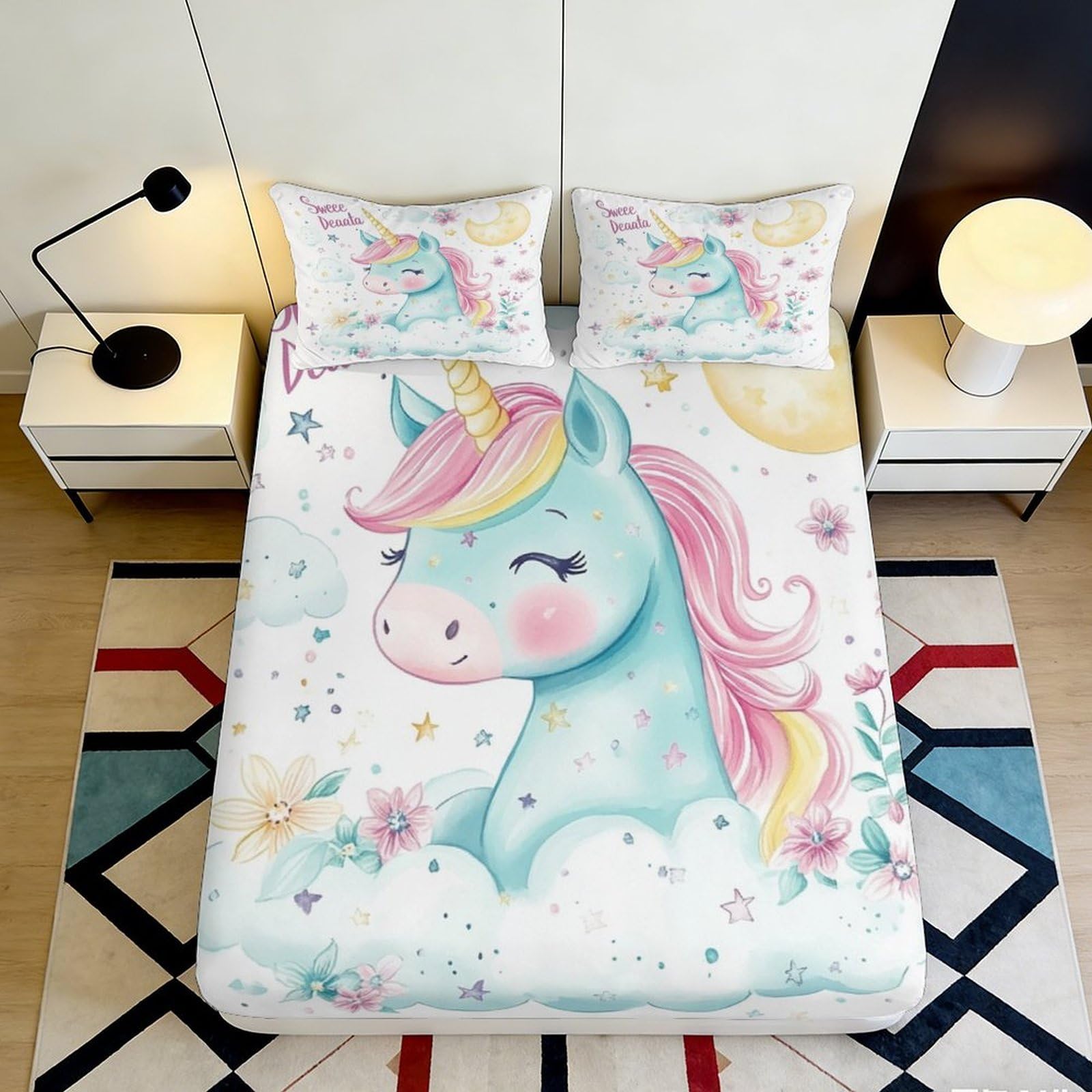 3D Printed Cute Unicorn Fitted Sheet Microfiber Soft Breathable Pastel Cartoon Bed Cover for Bedroom Dormitory Guest Room Mattress Protection Decor 120x200x25cm