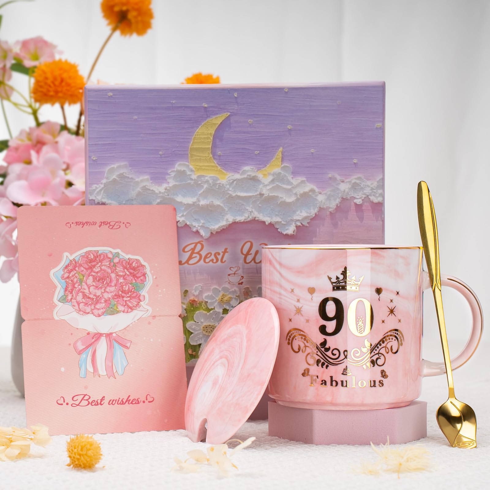 Regali per 90 Anni Tazza, Compleanno 90 Anni Ceramica Marmorizzata Mug 400ml Rosa, Divertenti Regali 90 Ann-i Donna per Mama, Nonna, con Coperchio, Cucchiaio, Scheda, Confezione Rega-lo