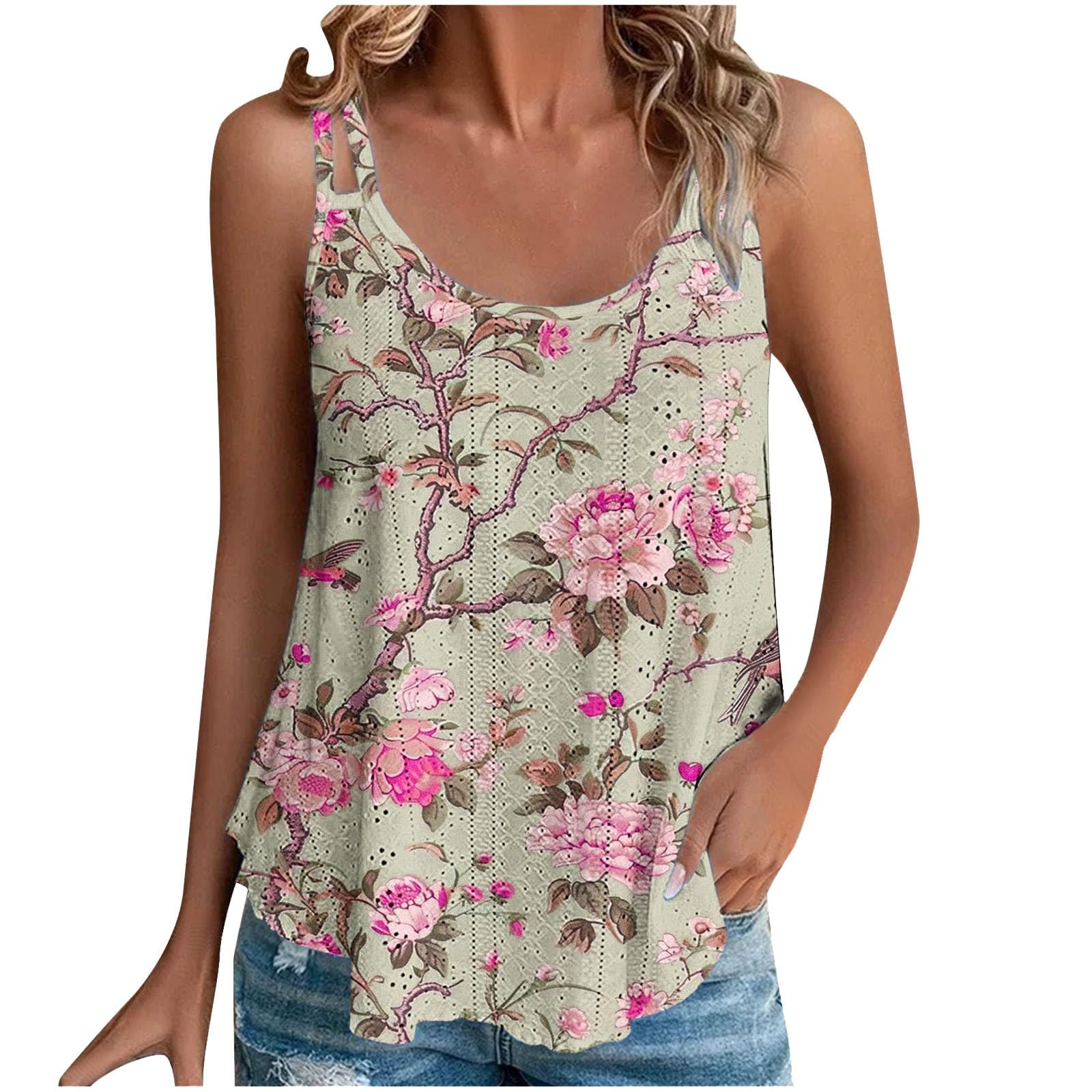 Womens Tank Tops Loose Fit Eyelet Embroidery Summer Cami Tops Scoop Neck Casual Flowy Blouse 2025 Trendy Outfits