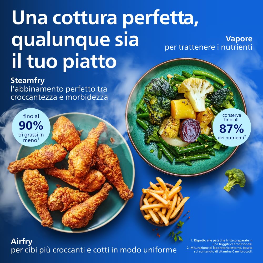 Philips Airfryer Serie 5000 con vapore: Frittura ad aria, cottura a vapore o combinata, 21 modalità, Capacità 7,2 L, Tec. RapidAir Plus, finestrella, Rivestimento ceramica, Auto SteamClean (NA540/00)