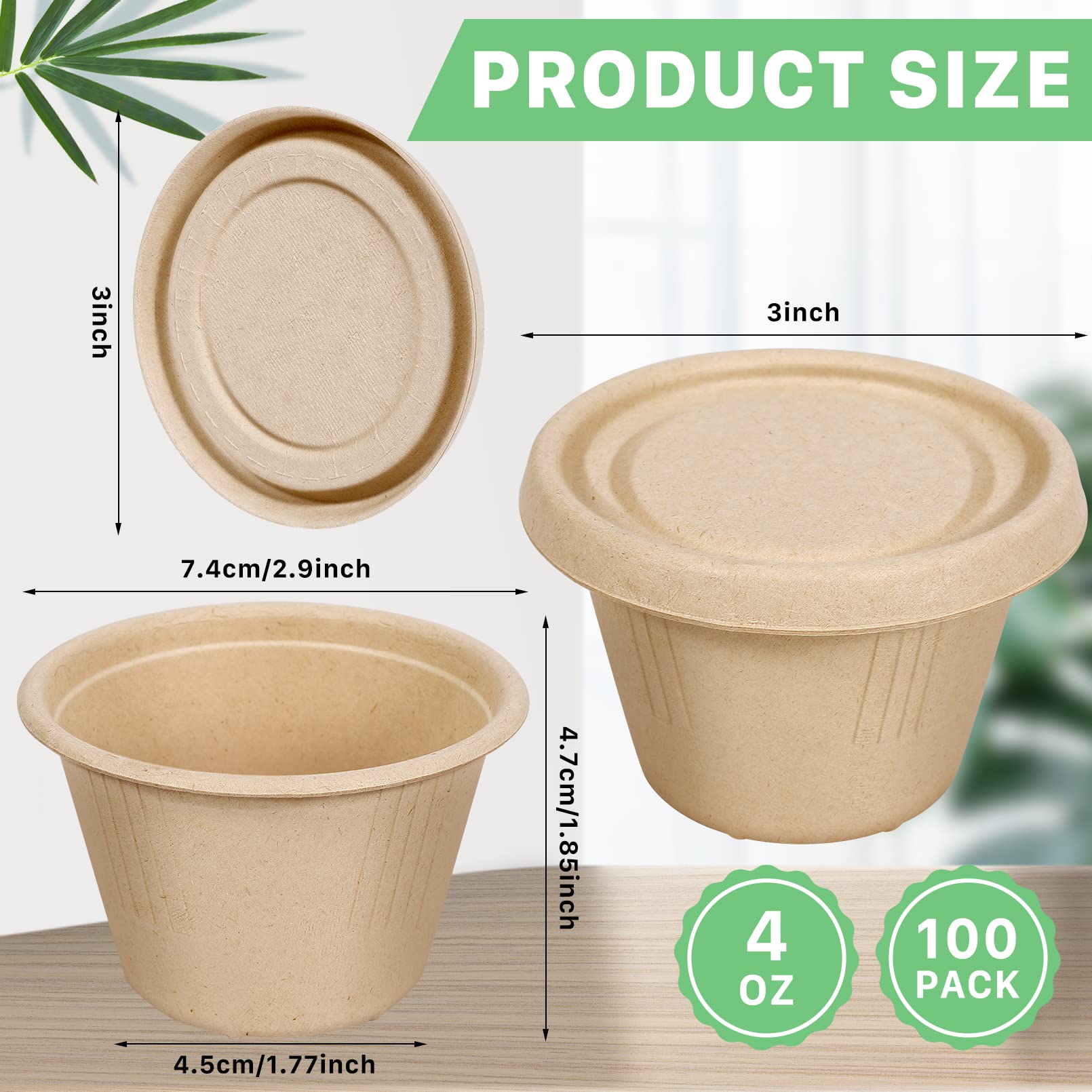 AEJMYS 100Pack 4 oz Bagasse Fiber Condiment Cups with Lids,Bagasse Fiber Souffle Cups,Compostable Portion Cups,Biodegradable Sample Cups for Snack Salad Dressing Ketchup