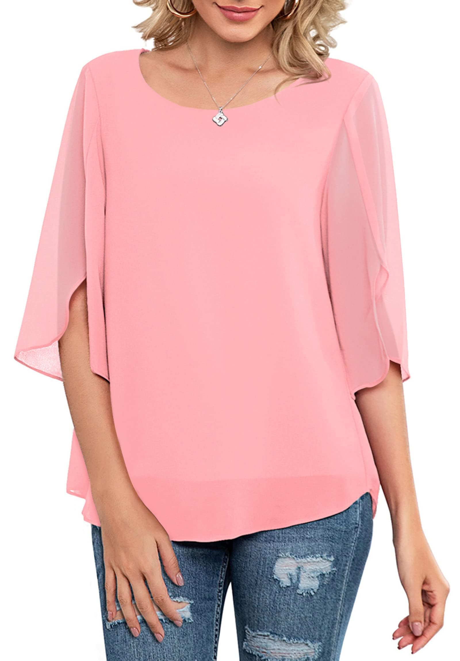 Neineiwu Damen Chiffon Tunika Lässig Rundkragen 3/4-Ärmeln Bluse Mesh Fließende Shirts Loose Fit Oberteile
