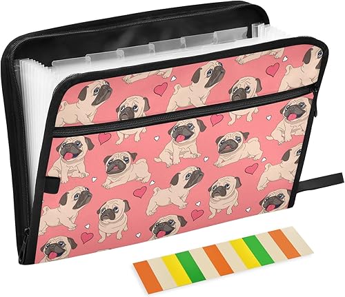 ZZKKO Divertida carpeta de archivos de carlino de dibujos animados con 13 bolsillos expandibles con etiquetas adhesivas, carpeta de archivos