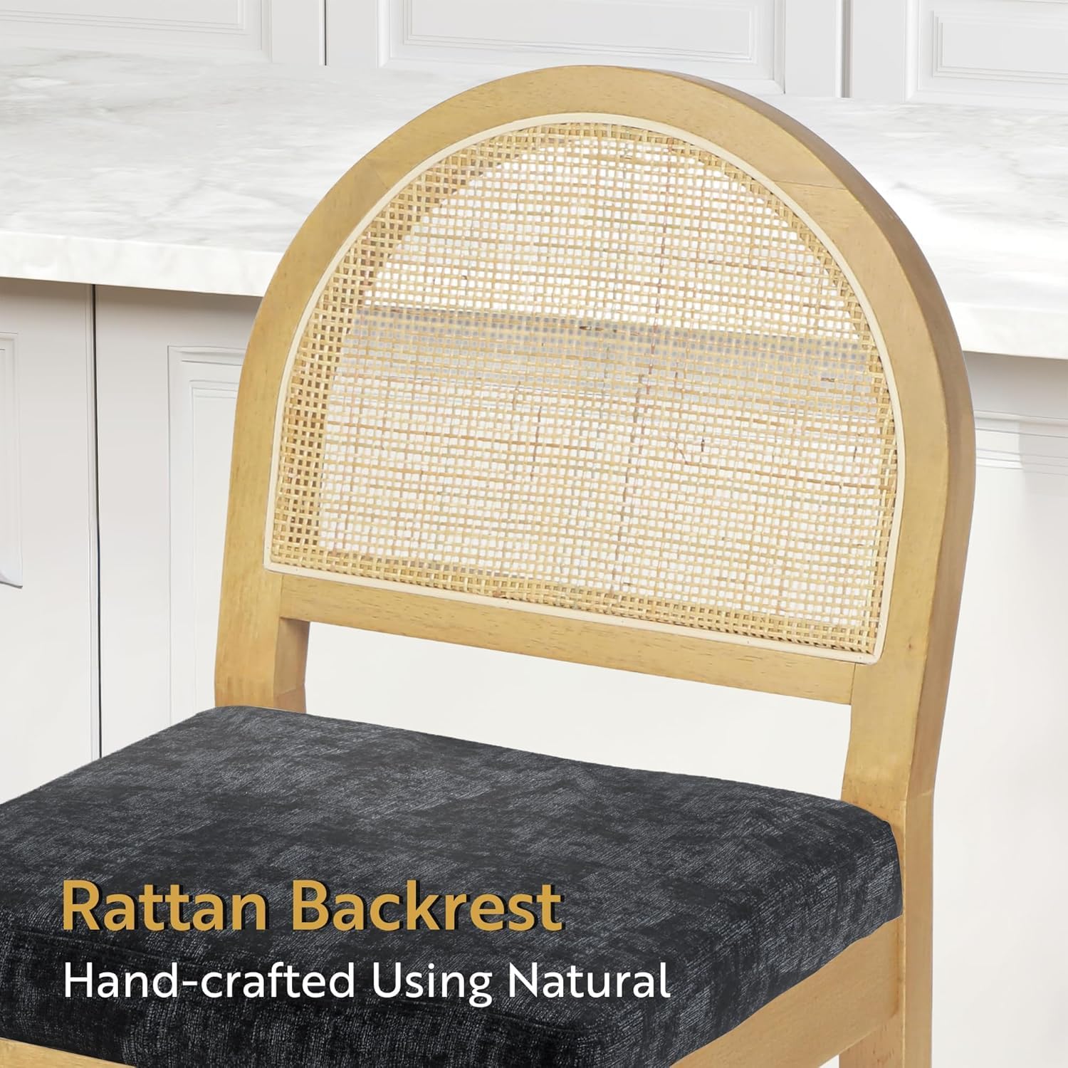STHOUYN Upholstered Rattan Bar Stools Set of 4, Wooden Counter Height Stools with Natural Rattan Back and Chenille Seat, Mid-Century Modern Island Chairs Barstools for Kitchen