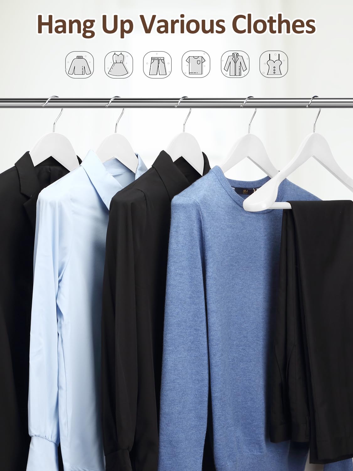 AMKUFO Perchas de madera de hombro ancho, paquete de 8 perchas con barra antideslizante para pantalones, perchas de madera resistentes con acabado suave, gancho giratorio de 360° para suéter, chamarra