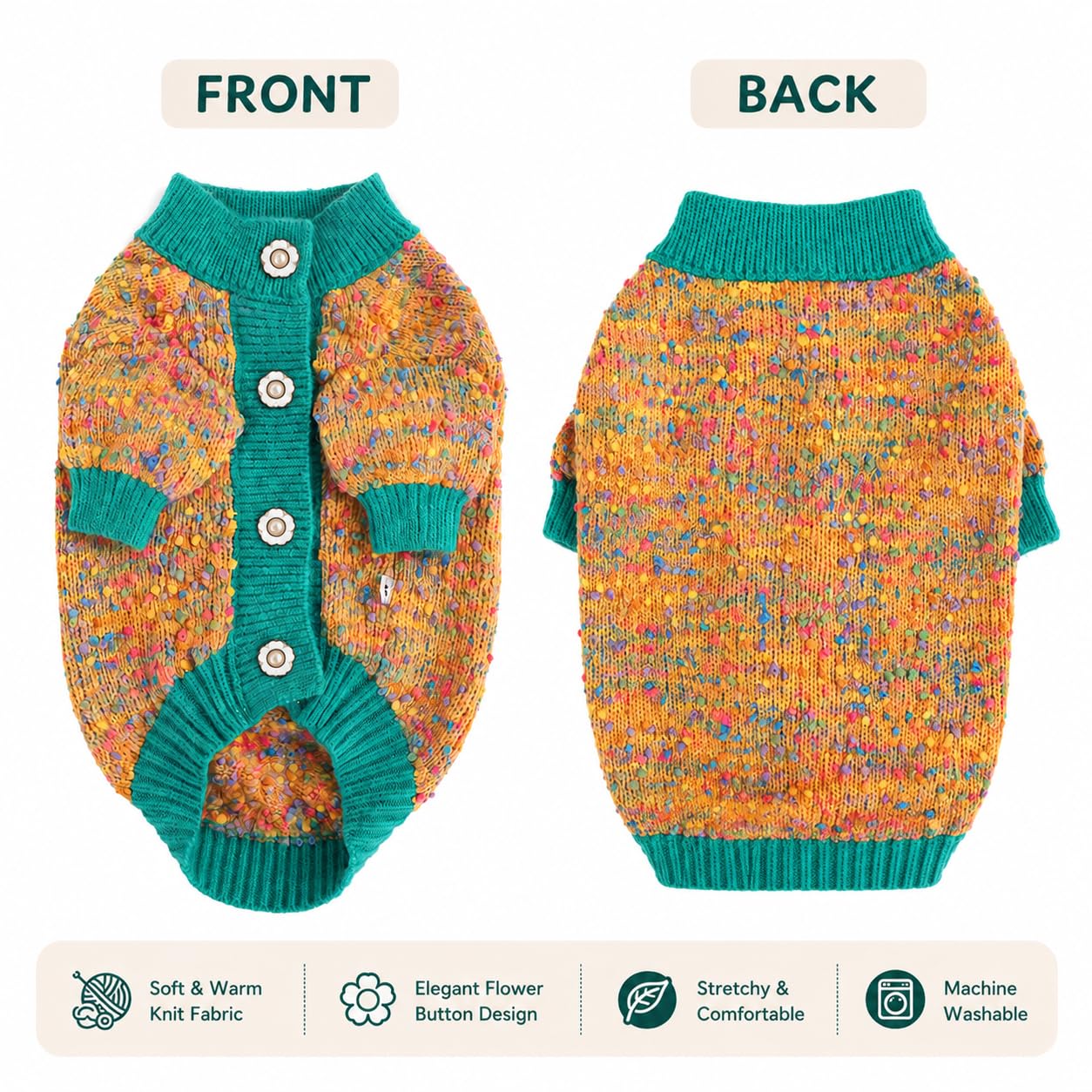 Pull pour chiens de taille moyenne, vêtements chauds pour chiot, jaune | Cardigan tricoté confortable avec boutons, bordure côtelée pour plus de chaleur, coupe extensible pour l'automne et l'hiver