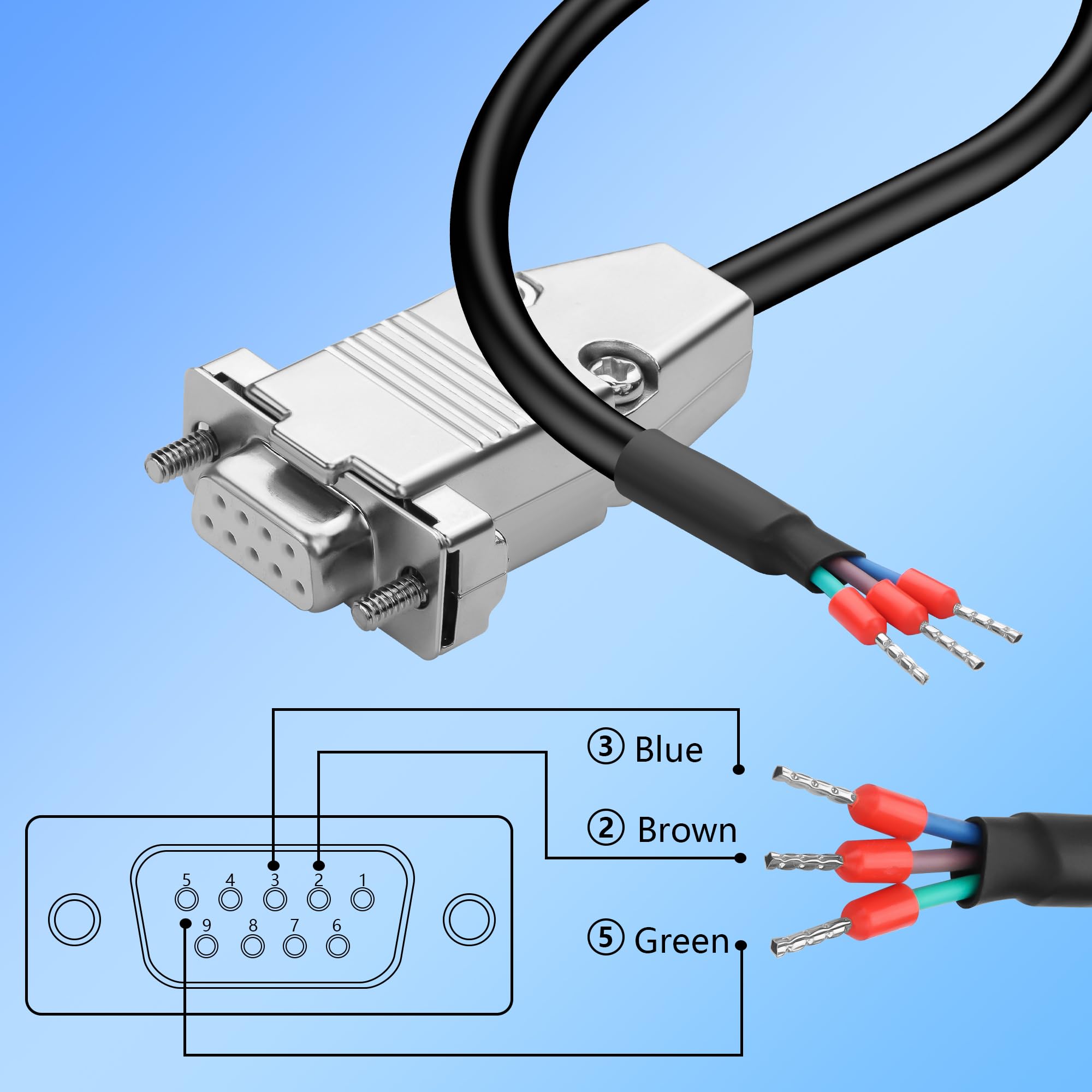 CERRXIAN Wtyk DB9 RS232 kabel szeregowy, gniazdo 22AWG DB9 do gołego końca drutu z 3 zaciskami przyłączeniowymi, 235 styków wtykowych do komunikacji RS232, przemysłowy kabel sterujący – 1 m