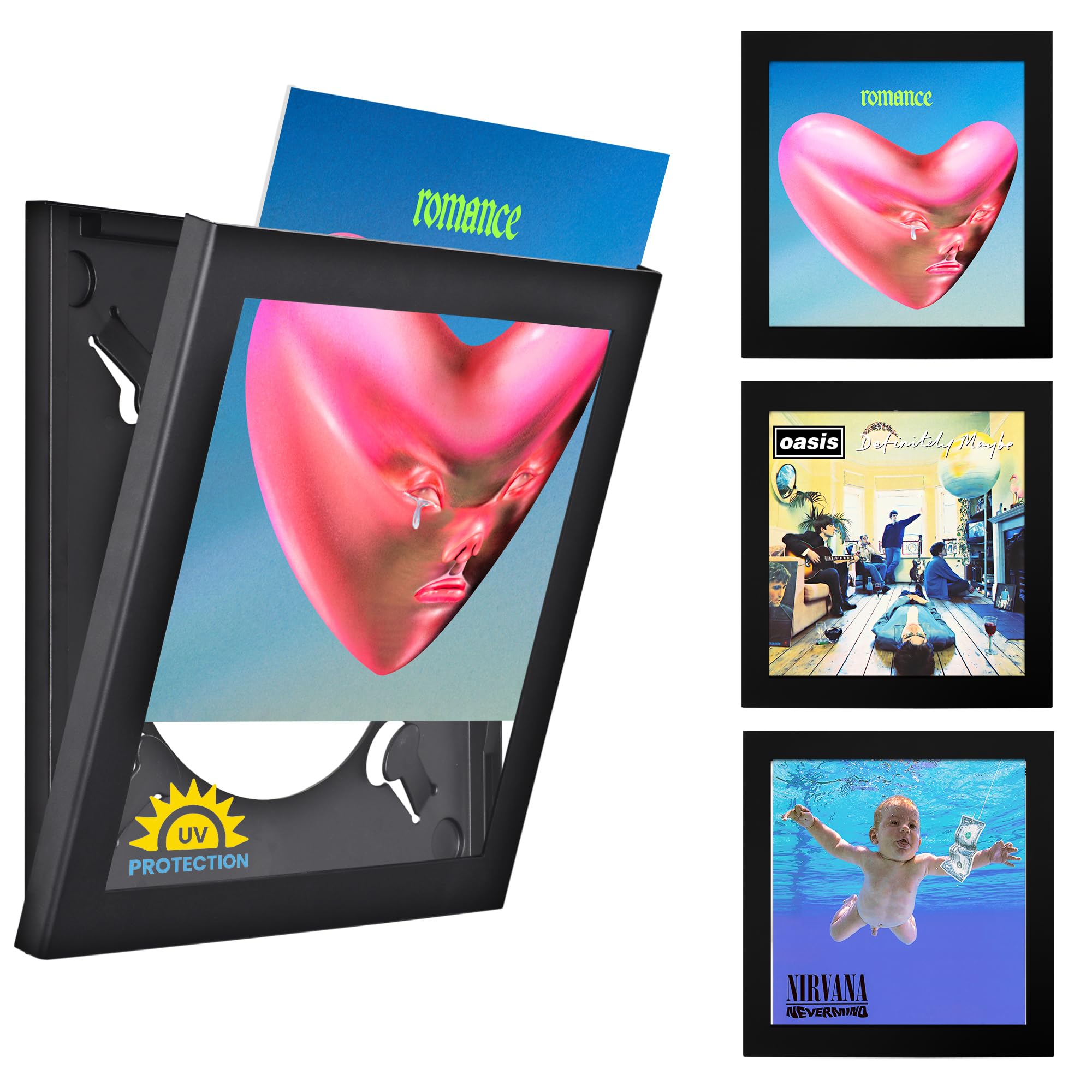 PLAY AND DISPLAY Art Vinyl Record Frame 3 Pack, Holds Single or 1–3 LPs/Double LP Gatefold Sleeve | 15" x 15" Matte Black Flip Frames with UV Protection, Scratch-Resistant Acrylic, Easy Wall Mount