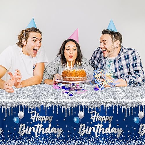 Miniatura 2 de Mantel de feliz cumpleaños, 3 manteles rectangulares color azul marino y plateado para fiestas, decoración de cumpleaños de 18, 21, 30, 40, 60, 70 y