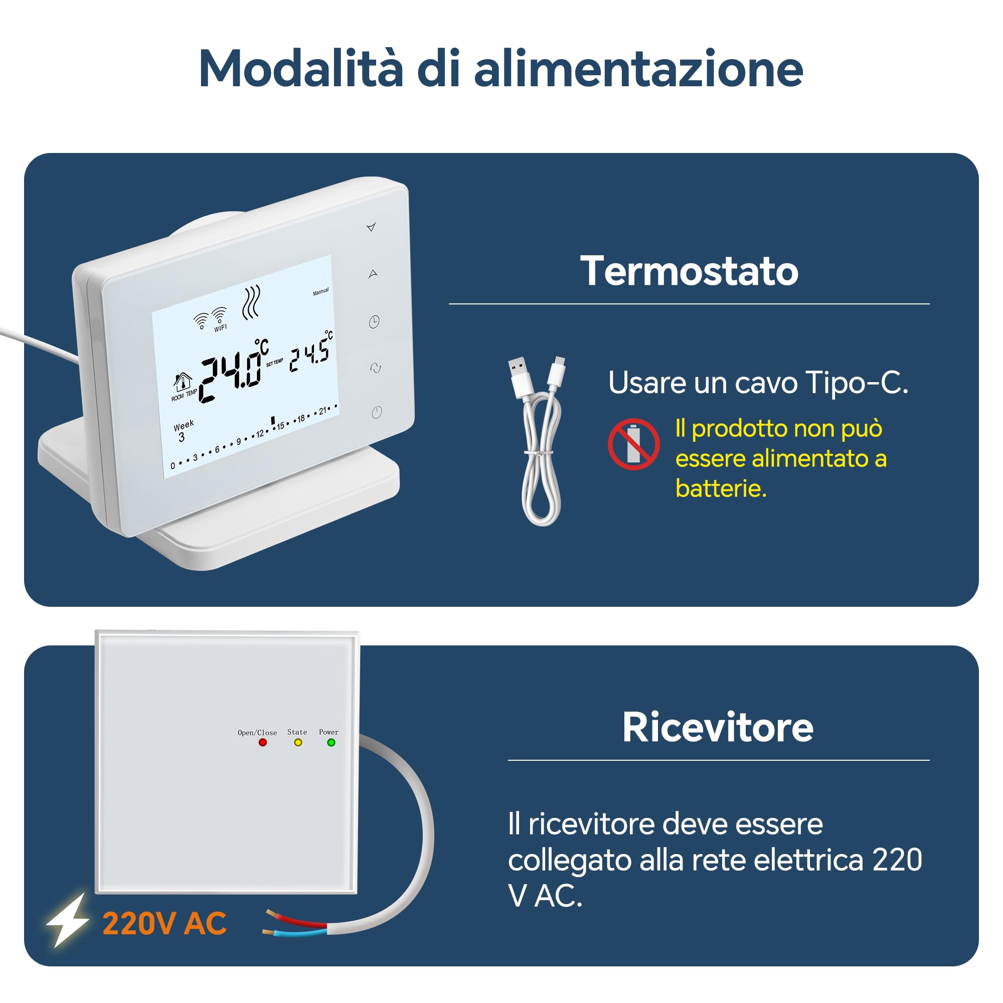 Termostato Caldaia a valvole 2 in 1,termostato WIFI intelligente wireless programmabile settimanalmente. compatibilità vocale alexa. termostato alimentato via usb,con ricevitore. BOT-306RF