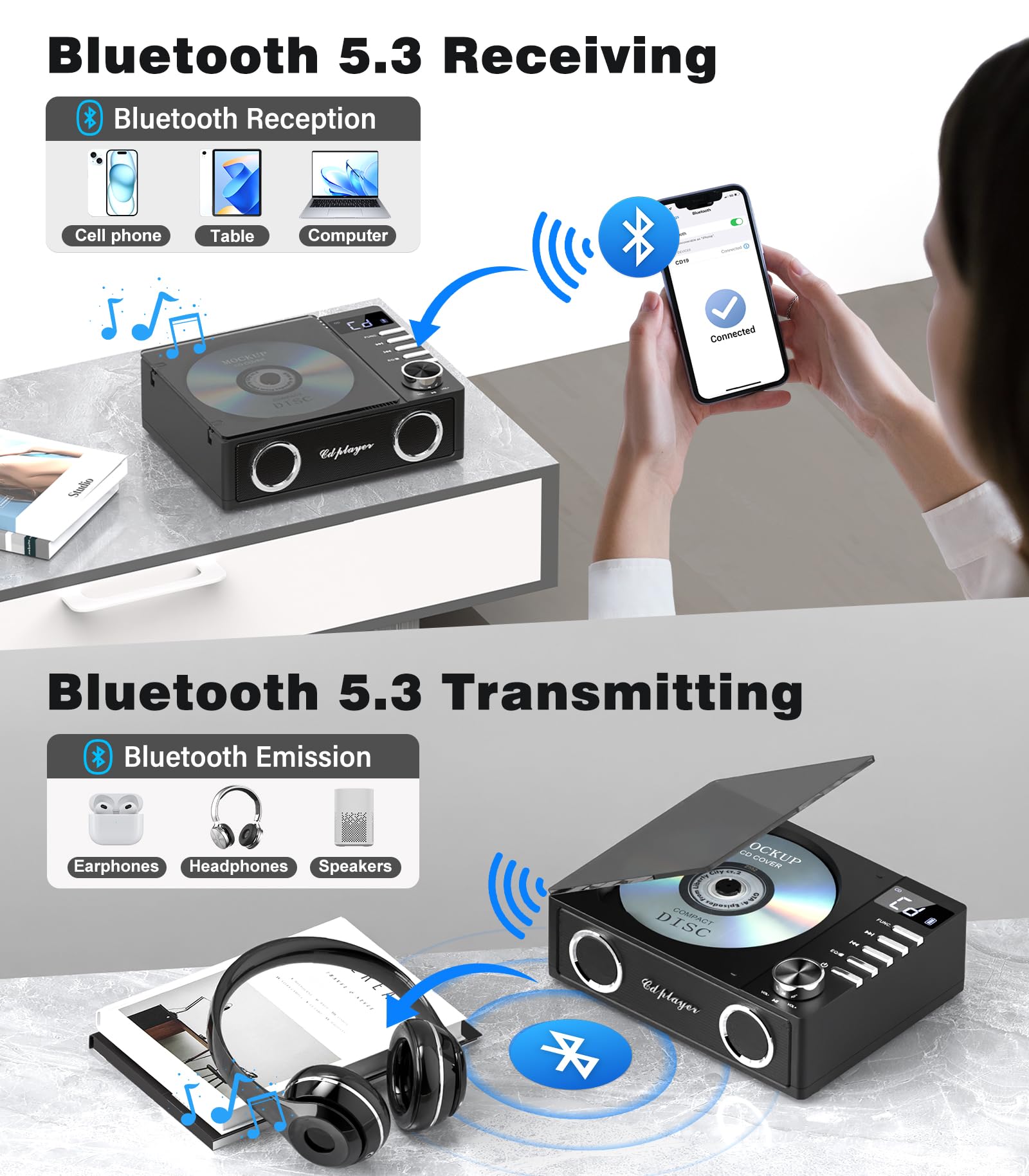 Greadio Lecteur de CD portable Discman Lecteur de CD, protection anti-saut 4 Sons EQ, Carte TF/Sortie AUX, petit Lecteur de musique, Compatible avec CD-R, CD-RW et MP3 pour