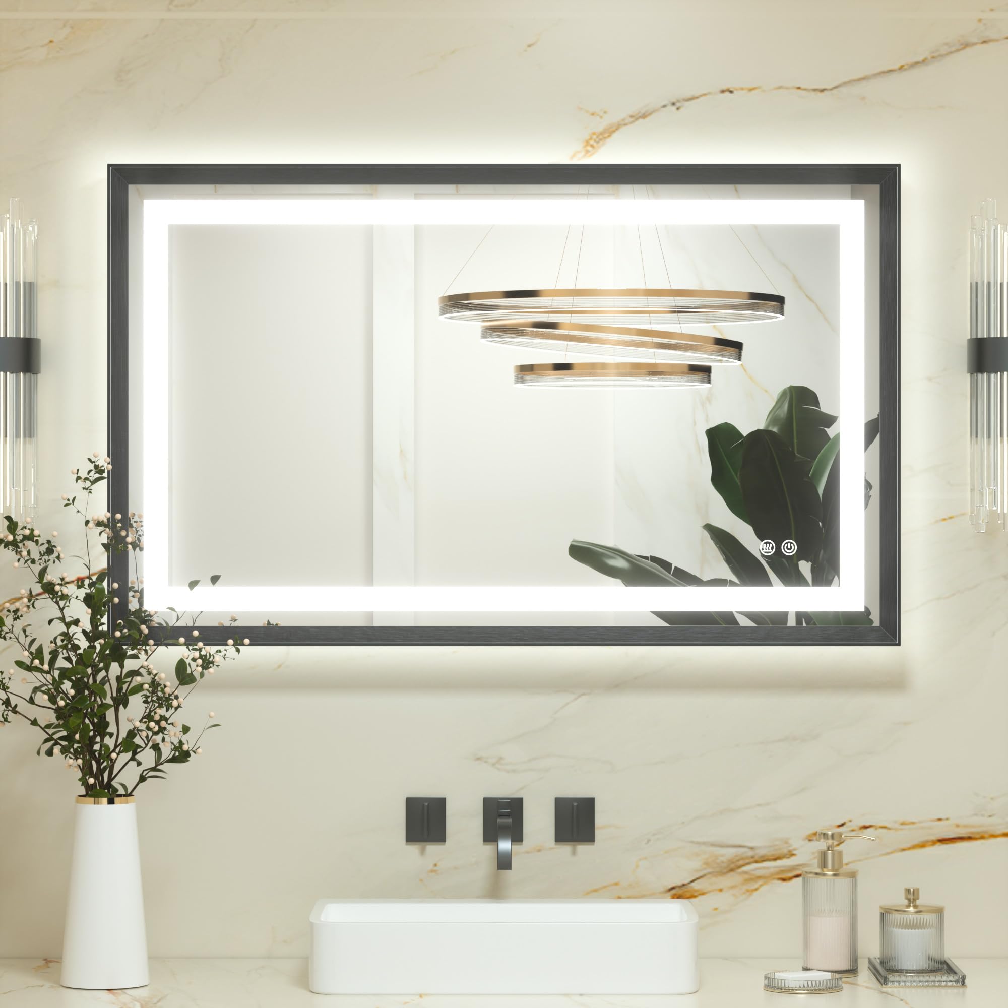 Keonjinn Black Bathroom Mirror with Led Lights 100x60cm, Antifog Vanity Mirror Black Frame Back and Front Lit 3 Colour Dimmable Illuminated Wall Mounted Rectangle Digital Mirrors — image 1