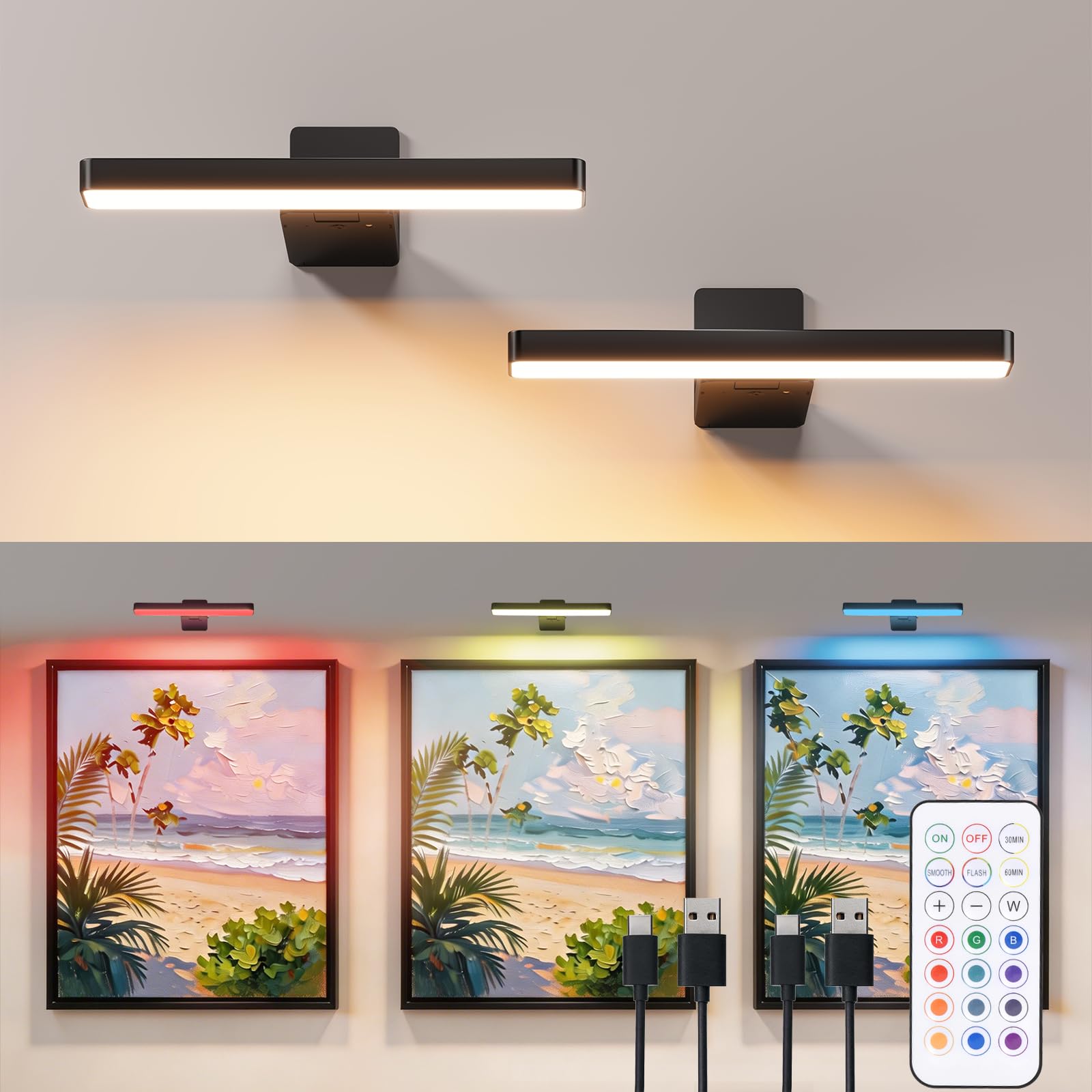 2-Pack Wireless Picture Light For Wall – Battery Operated LED Art Display Light With Remote Control, 3 Timers, Dimmable, Adjustable Color Temp, Perfect For Paintings, Portraits, Gallery Walls