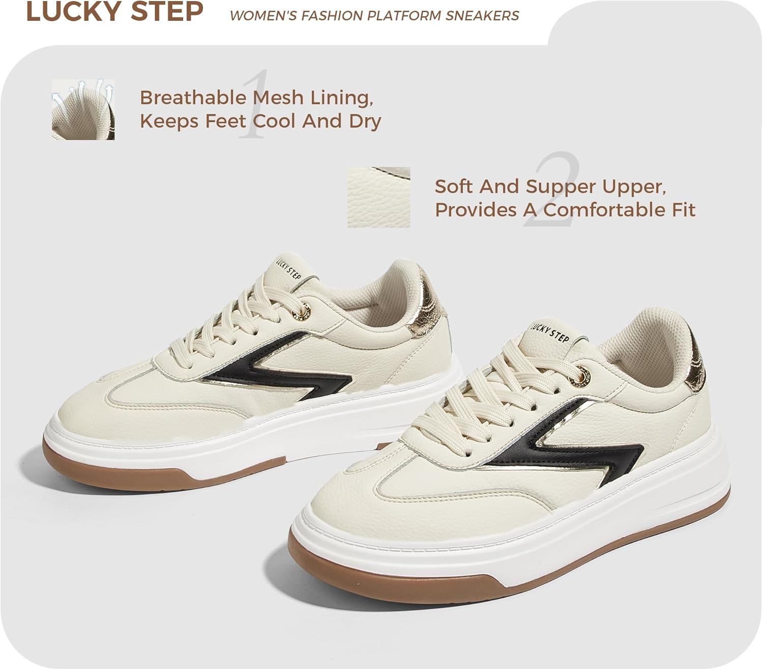 LUCKY STEP Women's Fashion Platform Sneakers Retro Chunky Casual Cow Suede Tennis Footwear Thick Sole Low Top Memory Foam Insole Walking Shoes - Image 5