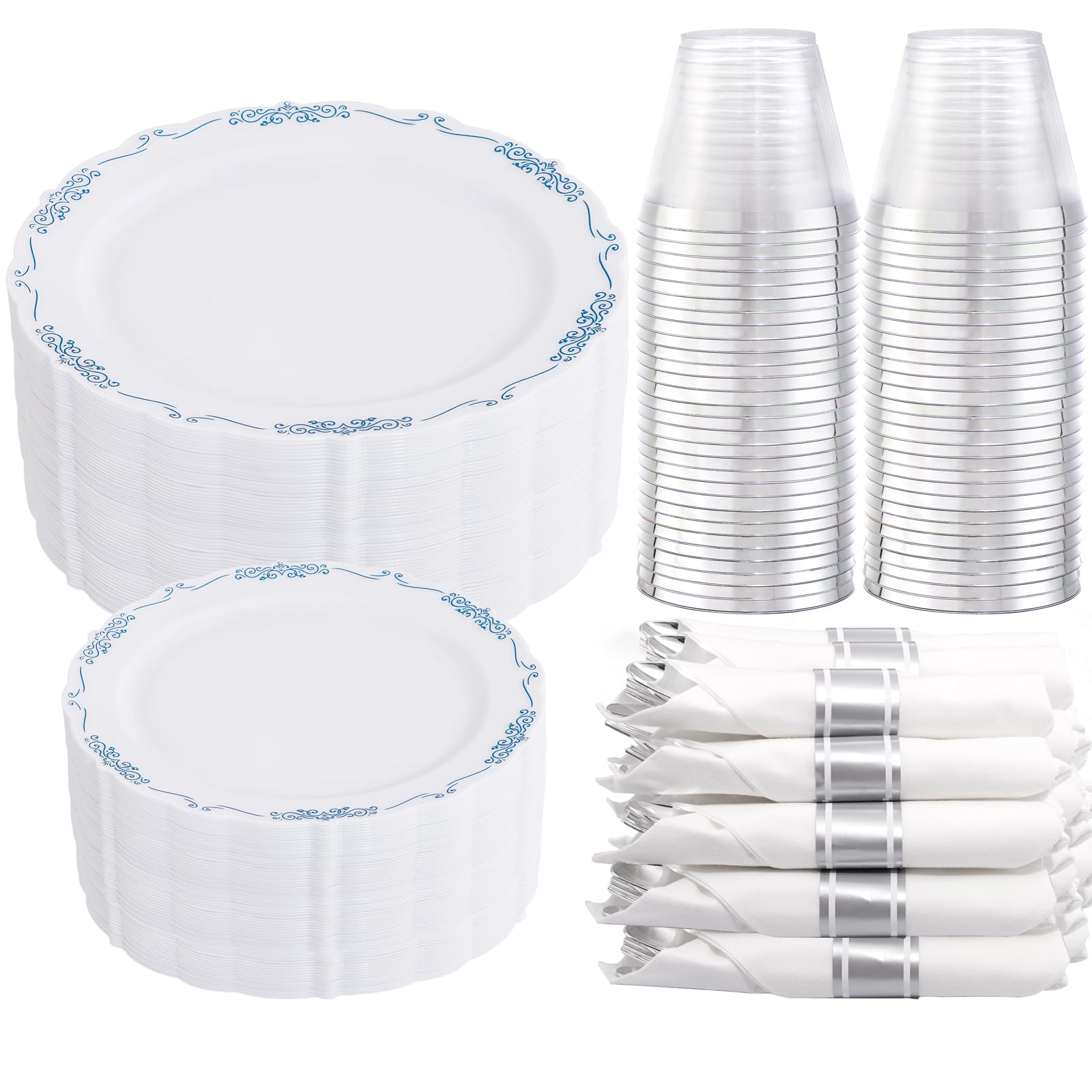 DaYammi350Pcs Blue and White Plastic Plates Disposable Blue Plates for Party Wedding Include 50 Dinner Plates, 50 Dessert Plates- 50 Per Rolled Napkins with Silver Cutlery- 50 Disposable Cups 9 OZ