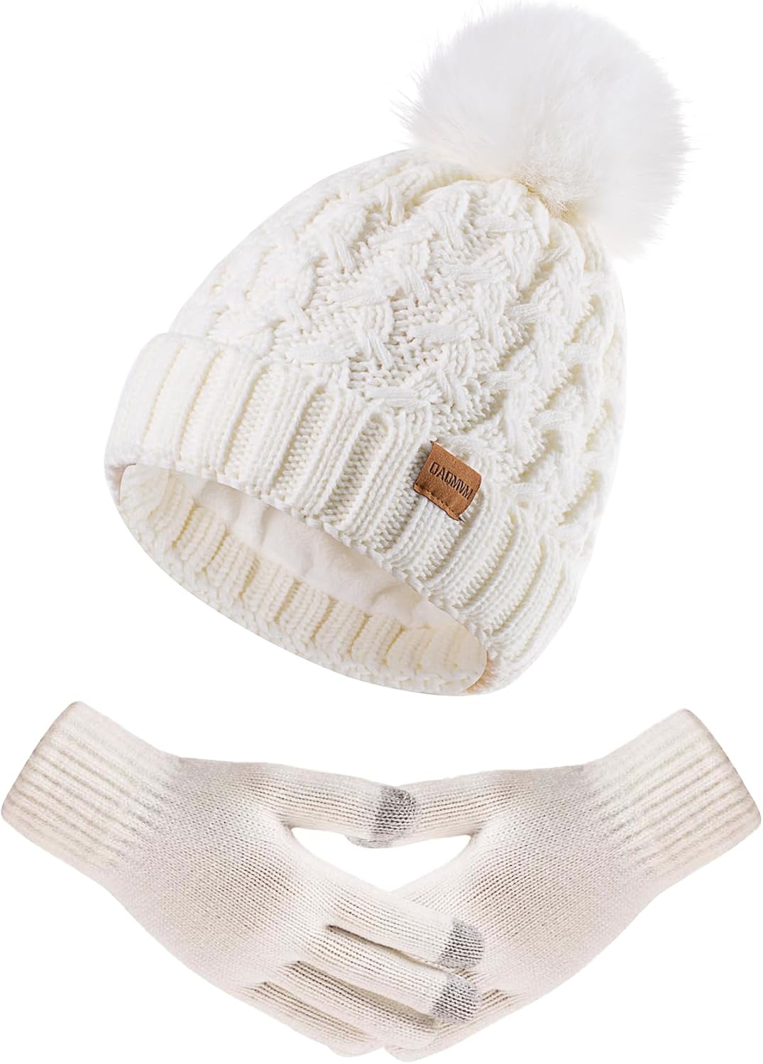 Women Winter Beanie Hat Gloves Set Pom Hat with Warm Fleece Lined Touchscreen Gloves for Cold Weather