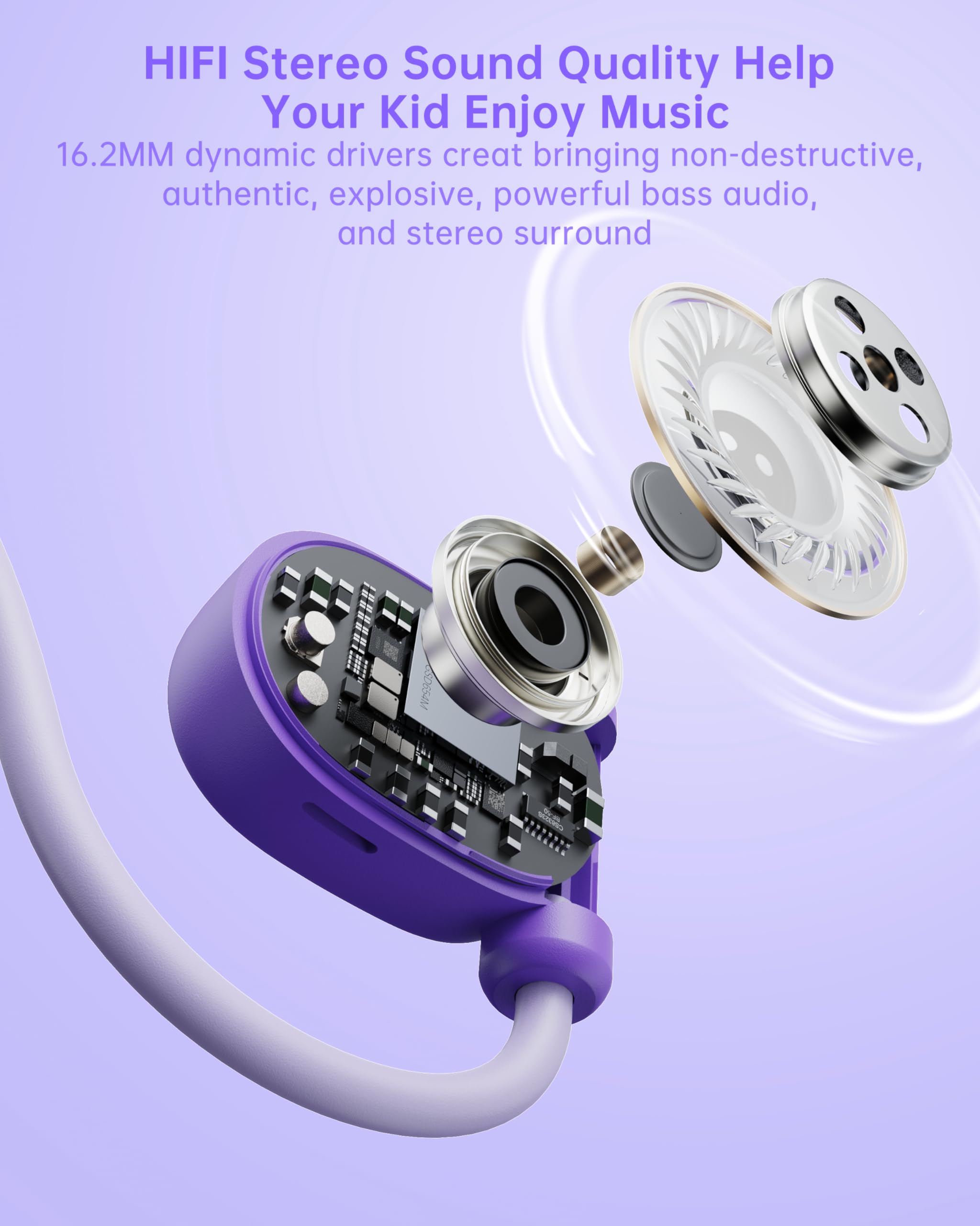 Mehomeli Cuffie per bambini per scuola, cuffie a conduzione d'aria, jack da 3,5 mm, cavo cablato, ultra confortevoli, design ergonomico e leggero, perfette per scuola e attività all'aperto, viola
