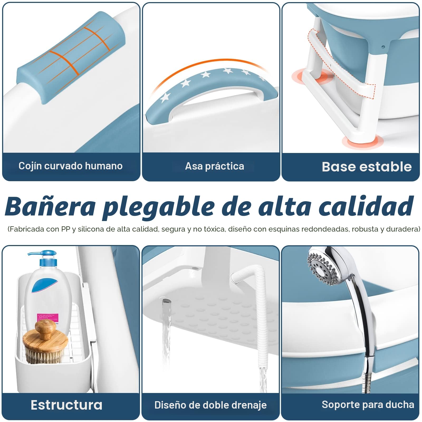 LILIIN Bañera plegable para adultos 112 x 62 x 52 cm, Bañera plegable portátil con asiento, bañera de baño con cubierta y rodillos de masaje, jabonera, bañera portátil de plástico grueso - Azul